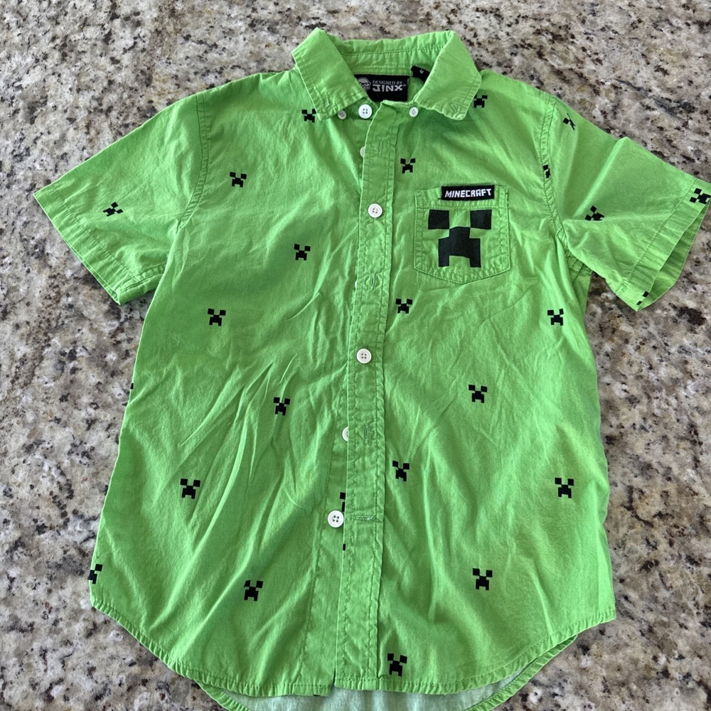 Jinx Kid's Minecraft‎ Green Creeper Button Down Shirt Youth, Medium. 4761